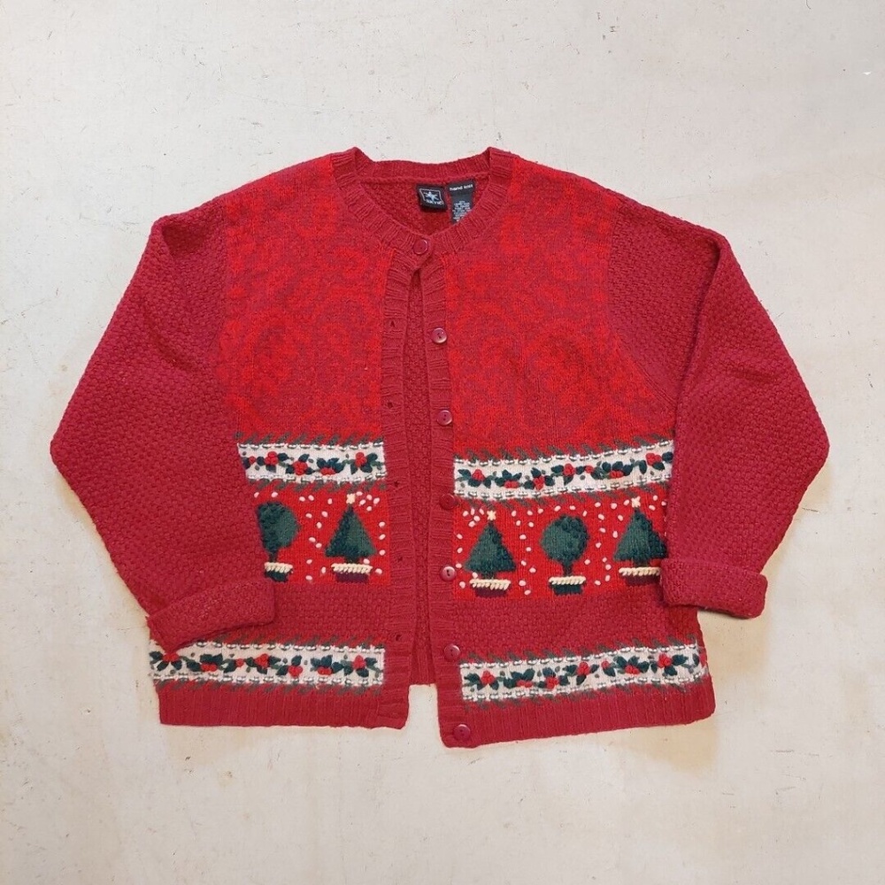 SKYR Wool Cardigan Sweater Winter Trees Christmas Trees Xmas sz Xl Hand Knit